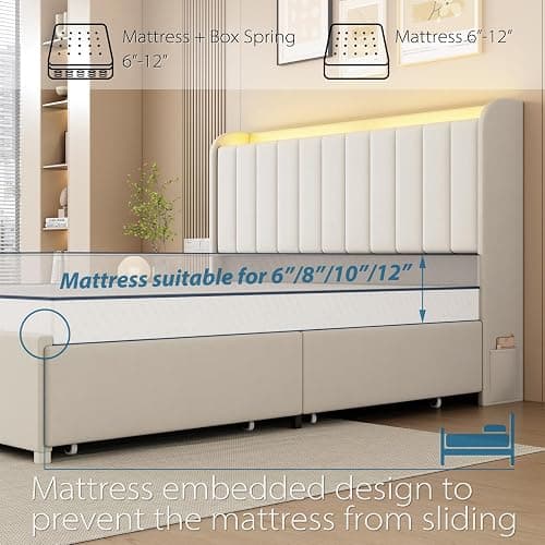 Etditrnp Queen Bed Frame with 4 Storage Drawers, LED Bed Frame with Charging Station, Velvet Channel Tufted Upholstered Headboard, Wood Slats Support Noise-Free, No Box Spring Needed, Beige thumbnail 6