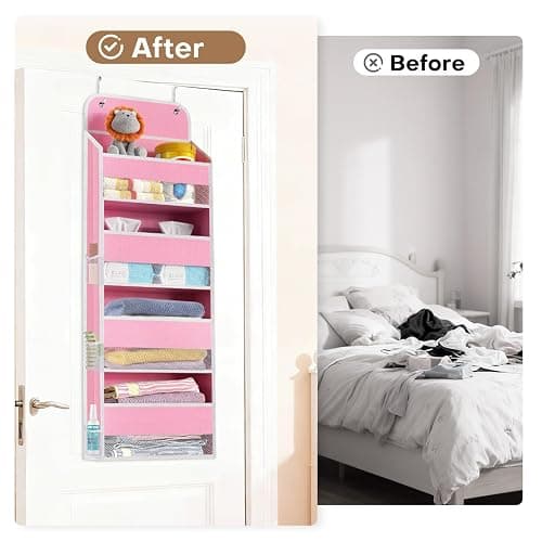 Over the Door Organizer, 4 Large Pocket Hanging Storage with 40lb Capacity | Space Saving Behind Door Storage for Nursery, Bathroom, Bedroom and Closet, Baby Stuff and Toiletry Organizer, Pink thumbnail 6