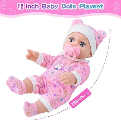BDDOLL 12" Baby Doll in Gift Box with Pink Backpack, Cloths, Feeding Bottle and Pacifier, First Baby Dolls for Toddlers 3 Years and Up thumbnail 4