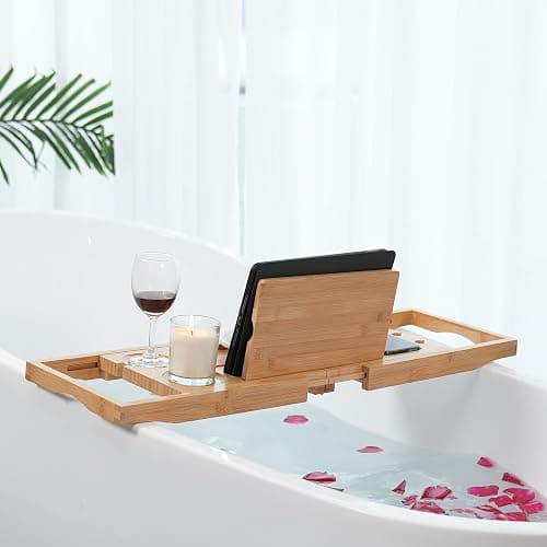 Utoplike Bamboo Bathtub Trays Caddy Bath Tray for Tub, Adjustable Bathroom Bathtub Organizer with Book Tablet Wine Cup Towel Holder, Bathroom Trays thumbnail 8