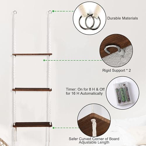 Hanging Shelf with Vine Lights, Macrame Plant Wall Shelf, Wall Storage with Handmade Woven Ropes, 3 Tier Floating Shelf, Boho Room Decor Aesthetic for Succulents, Bedroom, Living Room, Bathroom thumbnail 3