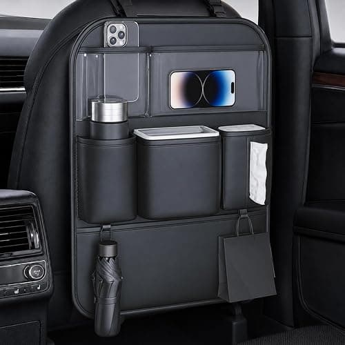 Leather Car Seat Back Organizer, Backseat Kick Mat Protector with Clear Touchscreen Tablet Holder, Cup Holder, Tissue Holder and Storage Pockets, Fits Cars SUVs Minivans, Black - Image 1