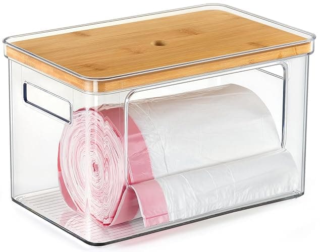 Hudgan Stackable Storage with Bamboo Top for Laundry Room Organization, Extra Large Trash Bag/Garbage Bag Dispenser, Under Sink Organizer, Pantry Organizers - Image 1