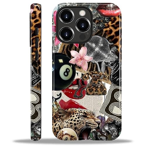 Compatible with iPhone 16 Pro Max Case - Dual-Layer Protection, Hard Shell with Silicone Interior,Slim Scratch Resistant Shockproof for Woman Men - Leopard Print Retro Collage - Image 1