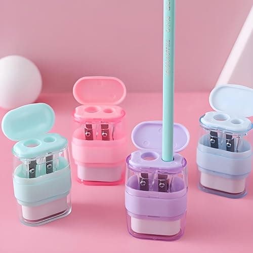 Waremew 1PCS Manual Pencil Sharpener with Eraser, 2 Sharpening Holes Sharpener with Eraser for School, Office and Home Supplies (Purple) thumbnail 3