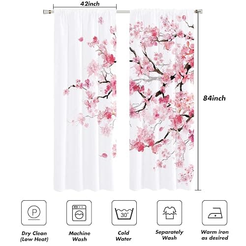 Kikiry Long Pink Floral Curtains, Japanese, 42" W x 84" L, Rod Pocket | 2 Panels, Sakura Pattern, Elegant Cherry Blossom Art, Cute Girly Aesthetic, Extra Tall Window Drapes Decor thumbnail 2