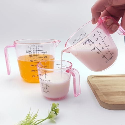 Plastic Measuring Cup Set, Kitchen Cooking and Baking Seasoning Liquid Measuring Cup, Multiple Scale Identification, with Handle and Triangle Mouth, 150ml, 300ml, 600ml, 3-piece Set (Pink) thumbnail 2