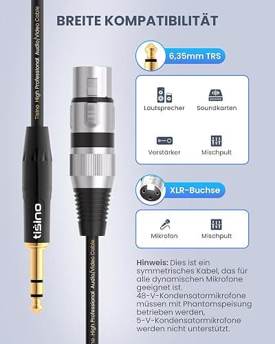 tisino XLR Female to 1/4 Inch (6.35mm) TRS Jack Lead Balanced Signal Interconnect Cable XLR to Quarter inch Patch Cable - 3.3 Feet thumbnail 3