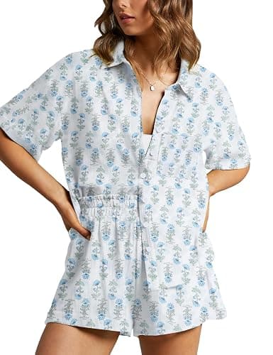 Flygo Womens Floral Pajamas Set Casual 2 Piece Outfits Button Down Shirt Shorts Linen Pj Lounge Sets Beach Vacation Wear - Image 1