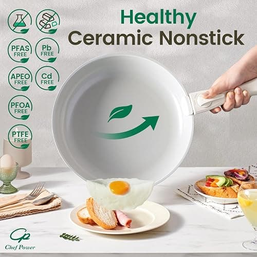Chef Power Ceramic Nonstick Pots and Pans Set 19 Piece with Detachable Handle, Induction Dishwasher Oven Safe Cookware Set, RV Kitchen Set Removable Handle, Granite Grey and White thumbnail 6