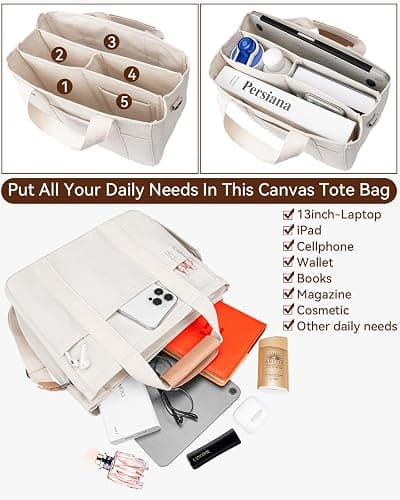 Canvas Tote Bag with Multi-Pocket for Women Large Crossbody Shoulder Handbag Everything Tote Bag with Compartments - Large - Beige thumbnail 4