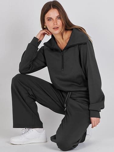 ANRABESS Women 2 Piece Outfits 2025 Fall Fashion Airport Wide Leg Pants Lounge Set Leisure Travel Vacation Clothes Sweatsuits thumbnail 7