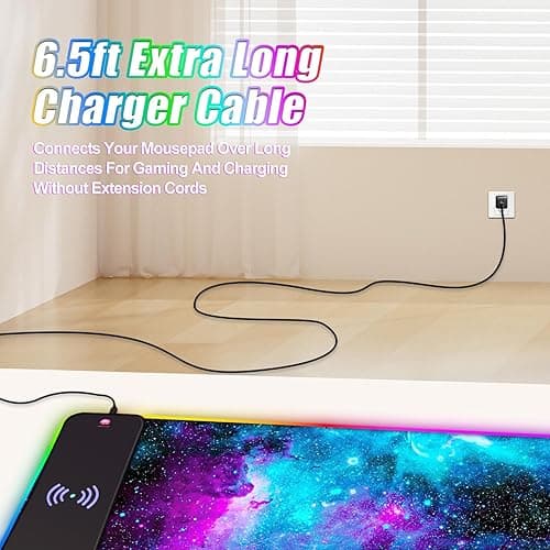 ToLuLu Wireless Charging RGB Gaming Mouse Pad, 15W LED Mouse Mat with 30W Charger, 14 Light Modes Large Mousepad with Wrist Support, Non-Slip Rubber Base Desk Mat Computer Keyboard Pad, Galaxy Nebula thumbnail 9
