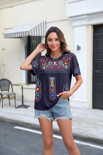 Embroidered Mexican Peasant Blouse Women Summer Boho Shirt Mexico Fiesta Short Sleeve Tops thumbnail 4
