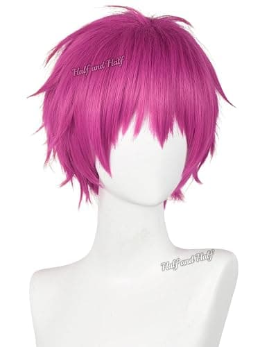 Short Rose Red Anime Cosplay Wig for Men Pink Red Male Wigs with Bangs | Dark Pink Spiky Layered Synthetic Hair Wigs for Unisex Women Halloween Party Costumes thumbnail 5