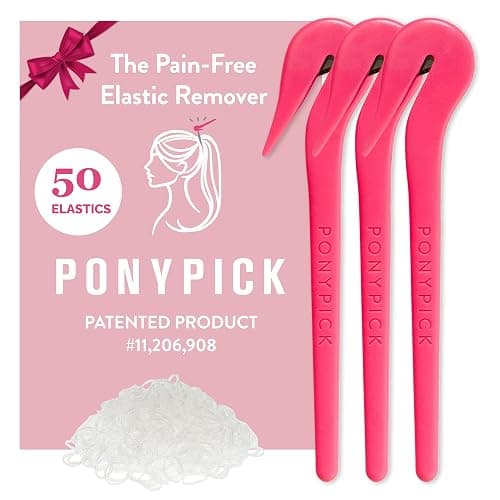 THE PONY PICK Hair Elastic Rubber Bands Cutter Tool Easy To Use, Pain Free, No Hair Damage Ponytail Cutter Tool for Kids & Toddlers (3 Picks & 50 Clear Hair Elastics) - Image 1