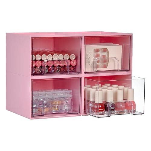 Vtopmart 4Pack Small Stackable Storage Drawers, Bathroom Makeup Organizer,Plastic Storage Bins For Vanity, Undersink, Kitchen Cabinet, Pantry, Home Organization(Pink) - Image 1