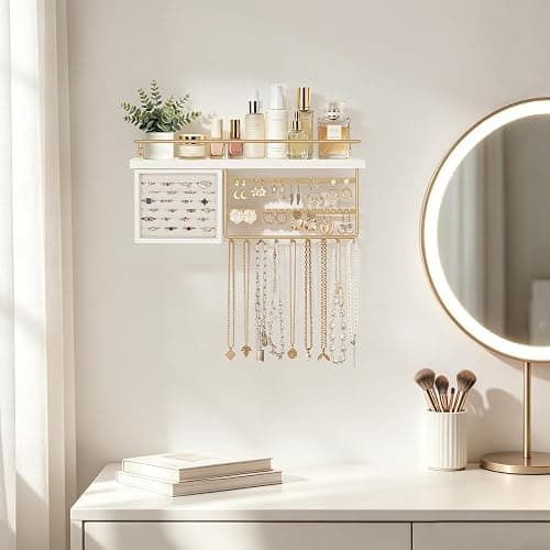 Mkono Hanging Jewelry Organizer Wall Mounted Jewelry Organizer Necklace Holder with Rustic Wood Shelf, Ring Display Box, Ear Studs Earring Holder Bracelet Organizer (Gold) thumbnail 6