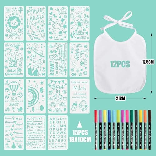 BOOMTOP 12 Baby Lätzchen zum Bemalen Babylätzchen Baumwolle mit 15x Malen Schablonen 12x Textilstifte Babyparty Deko Spiele Wasserdicht Lätzchen für Babys Junge Mädchen Babyshower Tiere Malvorlagen thumbnail 2