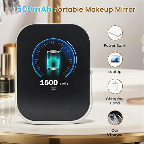 Rechargeable Travel Makeup Mirror, 8"×6" Small Vanity Mirror with Lights, 1500mAH Battery, 3-Color Lighting, Dimmable, 360° Rotation, Portable Desk Mirror with Storage Pouch, Travel Essentials (White) thumbnail 3