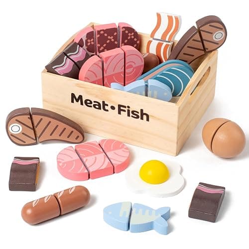 Kienvy 10 PCS Meat & Fish Wooden Play Food Set for Kids Kitchen, Wooden Toy Pretend Play Food Cutting Set, Realistic Protein Play Food Set, Christmas Birthday Present for Toddlers & Kids Ages 3+ - Image 1