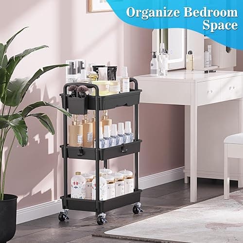 SUNALLY 3 Tier Rolling Cart with Drawer, Craft Storage Cart Organizer,Black | Bathroom Storage Organizer with 2 Lockable Wheels, Rolling Utility Cart for Kitchen, Office, Baby, Makeup, Nail,Snack,Laundry thumbnail 7