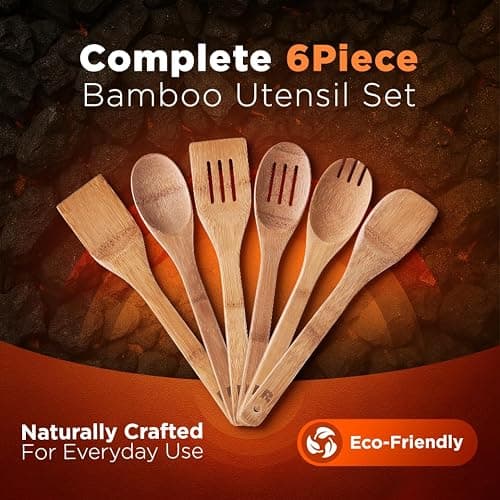 Riveira Dark Bamboo Wooden Spoons for Cooking 6-Piece, Apartment Essentials Wood Spatula Spoon Nonstick Kitchen Utensil Set Premium Quality Housewarming Gifts for Everyday Use thumbnail 4