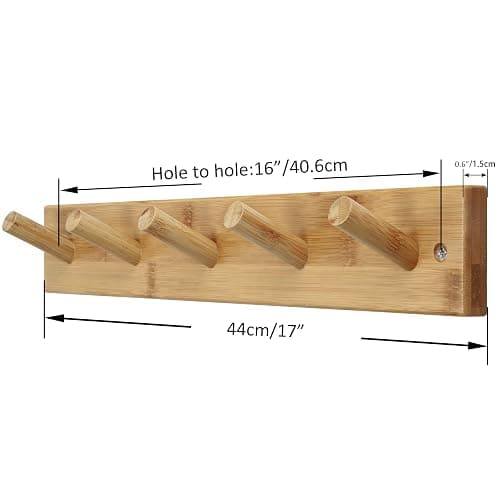 SKOLOO Coat Rack Wall Mount 17 inch, 5 Hooks, Bamboo, Shaker Style, Natural | Wooden hooks for wall, painted finish, 100-lb cap, entry/bath/bed, hanging backpack coat towel hat, 16" stud spacing thumbnail 3