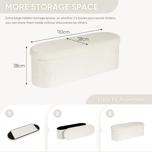 Bonlife Folding Ottoman Storage Bench,Boucle Footstool Oval, End of Bed Stool, Ideal for Living Room, Bedroom, 100L Storage Space,White,110x38x38cm thumbnail 3