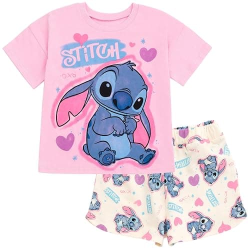 Disney Junior Floral T-Shirt and French Terry Shorts Outfit Set Newborn to Big Kid Sizes (6-9 Months - 14-16) - 7-8 - Stitch Spray Paint - Image 1