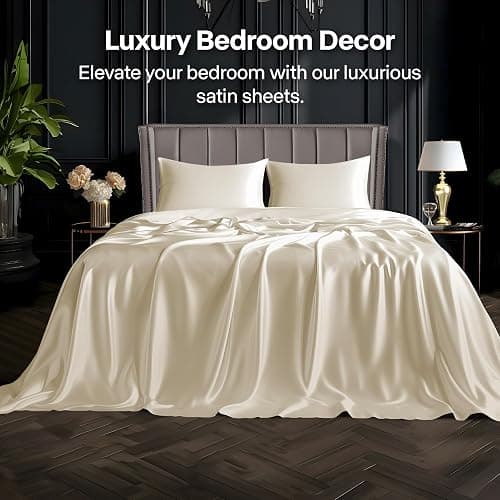 BEDELITE Satin Sheets Full Size Bed Set, Luxury Soft Beige Silky Sheet for Hair and Skin, Similar to Silk Bed Sheets Set 4 Pieces with 1 Deep Pocket Fitted Sheet, 1 Flat Sheet, and 2 Pillowcases thumbnail 2