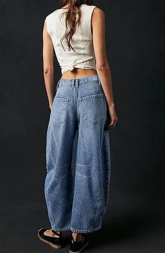 Womens Stretchy Mid Rise Barrel Jeans Vintage Loose Wide Leg Cropped Denim Pants Y2k Baggy Boyfriend Jeans thumbnail 3