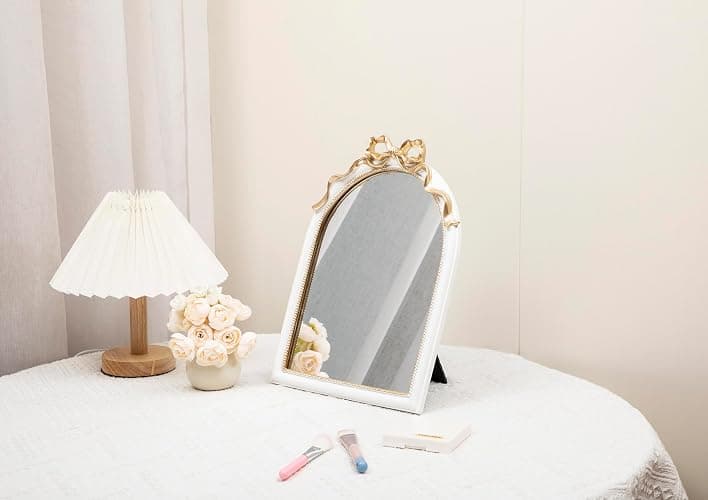 Stylor Vintage Coquette Bow Desk Mirror - Gold Antique Vanity Room Decor, Small Ornate Arched Makeup Mirror, Decorative Victorian Table Top Mirror thumbnail 2