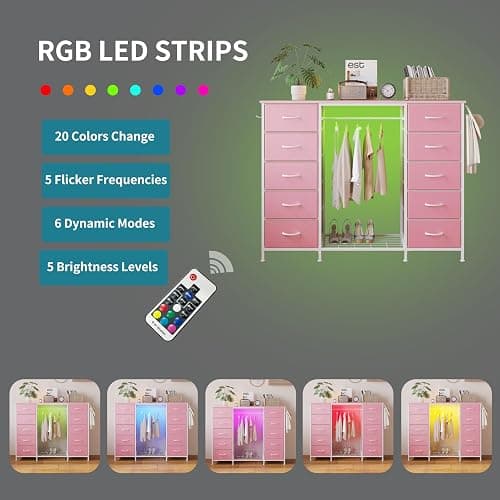 LUMTOK 2-in-1 Dresser with Hanging Rack, 10 Drawers Dresser for Bedroom,Dressers with Fabric Drawers,LED Lights, Charging Station and Hanging Racks for Bedroom (Pink) thumbnail 5