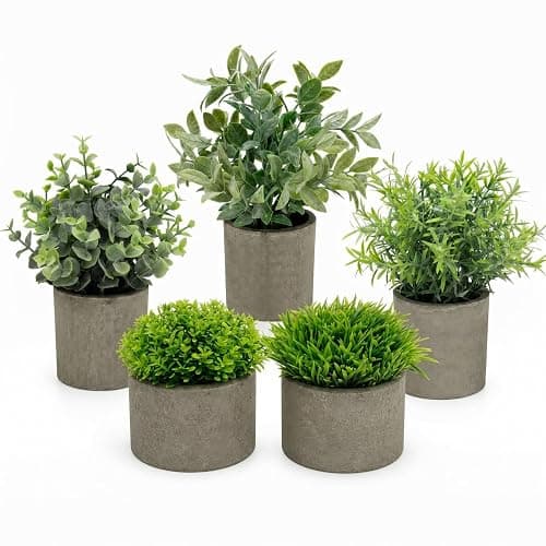 AUUGUU Artificial Potted Plants Faux Greenery in Cement Pots for Shelf, Bookshelf, Office or Home Decor, Small Decorative Fake Plants for Modern Indoor Display - Image 1