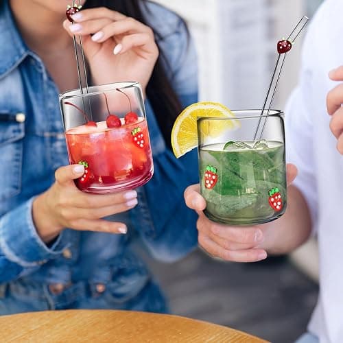Skylety 2 Set Strawberry Icon Juice Glass Cups - Icon Glass Cup with 2 Straw 14 oz Double Old Fashioned Cute Pattern Glassware for Tea, Water, Milk, Coffee, Parties Gifts thumbnail 5