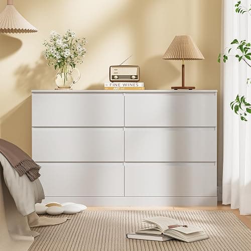 Dresser for Bedroom with 6 Drawers, 14.2" D x 47.2" W x 29.5" H, White | Modern Chest of Drawers with Hidden Drawer, Wood Storage Dresser, Storage Organizer for Living Room, Closet, Hallway thumbnail 5