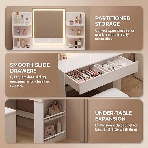 YESHOMY 35.4 Inch Vanity Desk Set with LED Mirror and Lights, Modern White | Makeup Vanity Set with 2 Drawers, Side Shelves, Storage Bench, Open Shelves and 3 Color Lighting Modes thumbnail 4