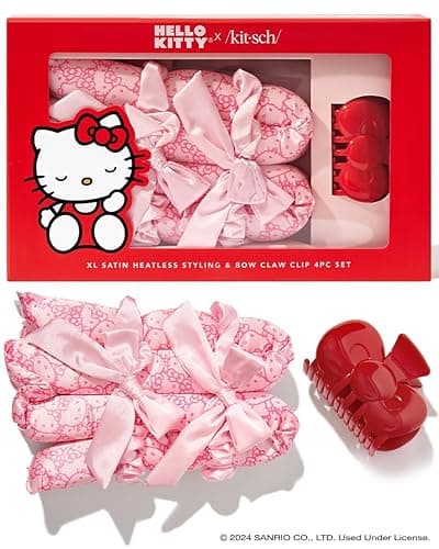Hello Kitty x Kitsch XL Satin Heatless Curling Set- Heatless Hair Curler To Sleep In for Frizz-Free & Soft Curls, Comes with Bow Shape Design Hair Claw and Satin Scrunchies, Gifts for Women, 4pc Set - Pink Kitty Faces - Image 1