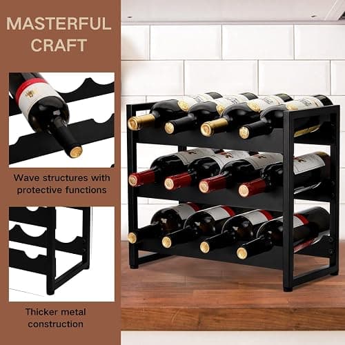 AVLA 12 Bottles Wine Rack Countertop, Freestanding 3-Tier Wine Holder, Liquor Display Storage Organizer Stand, Free Standing Floor Wine Cabinet Shelf for Kitchen Wine Cellar Tabletop Bar Dining Room thumbnail 5