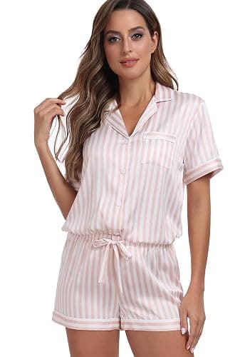 Serenedelicacy Women's Satin Pajama Set 2-Piece Sleepwear Loungewear Button Down Short Sleeve Silky PJ Set thumbnail 4