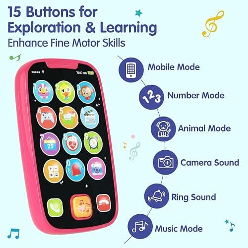 BABYFUNY Toys for 1 Year Old Girl Gifts, 15 Functions Phone Toddler Girl, Learning Baby Toys 12-18 Months, Kids Cell Phone Easter Basket Stuffers - Pink thumbnail 6