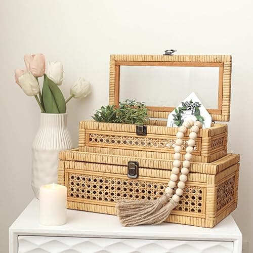 DECOR4SEASON Rattan and Cane Stacking Boxes with Glass Top Lid - Set of 2 for Boho, and Rustic Farmhouse Decor thumbnail 7