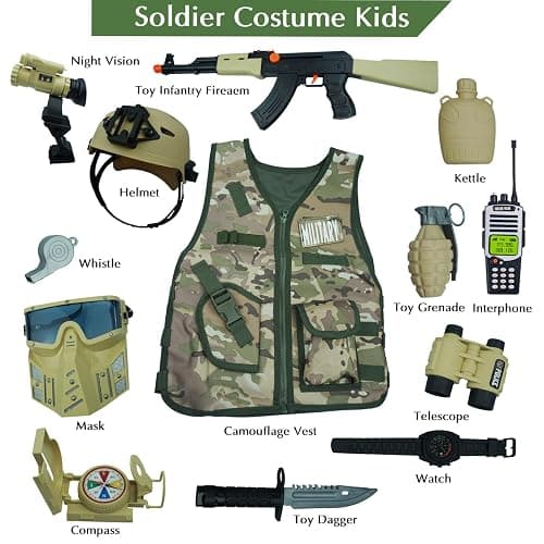 RedCrab Kids Army toys Soldier Combat Costume Set with Helmet, Toy guns for boys,12pcs Military War Accessories Dress Up Role Play Set for Aged 3-10 Toddlers thumbnail 4