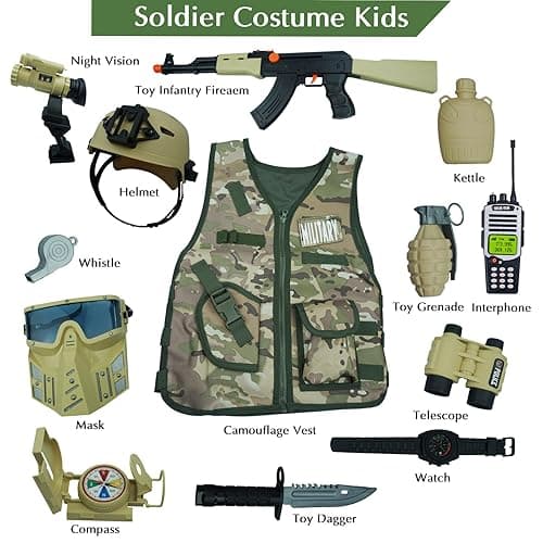 RedCrab Kids Army toys Soldier Combat Costume Set with Helmet, Toy guns for boys,12pcs Military War Accessories Dress Up Role Play Set for Aged 3-10 Toddlers thumbnail 4