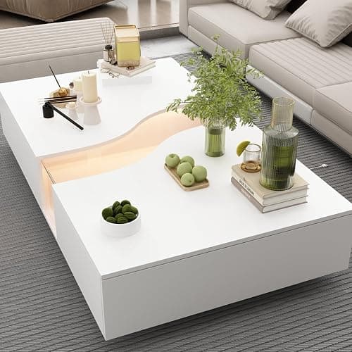 JOIKUJIA Modern Coffee Table with Lights & Glass Tabletop, Central Table with 2 Drawers, for Living Room, White 55.1”W x 31.5”D x 11.8”H thumbnail 5