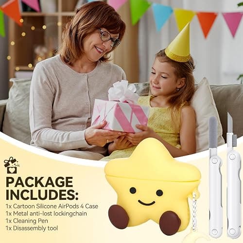 Cute Case Compatible with AirPods 4 Case Cover 2024,Kawaii Funny 3D Cartoon AirPods 4th Genaration Case,Star Shape Silicone Protective Cover with Cleaner Kit and Keychain for Women Girls(Yellow) thumbnail 5