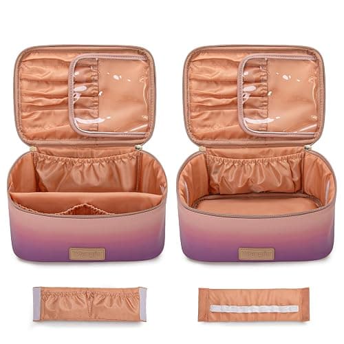 Montana West X Wrangler Travel Makeup Bag 2pcs Set Large Cosmetic Bag with Makeup Brush Holder Portable Make Up Organizer Cute Toiletry Bag with Divider and Handle for Women Gradient thumbnail 5