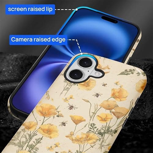 FKBRCL4U for iPhone 17 Case, Hybrid 2-Layer Silicone Protective Glossy Case for Girl Women for iPhone 17 Cute Eco Friendly Vintage Bee Yellow California Poppies Pattern thumbnail 2