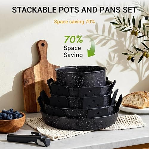 Ammeloo 21 Pcs Pots and Pans Set Non Stick, Ceramic Kitchen Cookware Set with Detachable Handle, Non Toxic Cooking Set for Kitchen, RV, Camping and Fridge, Induction Ready, Dishwasher/Oven Safe, Black thumbnail 6